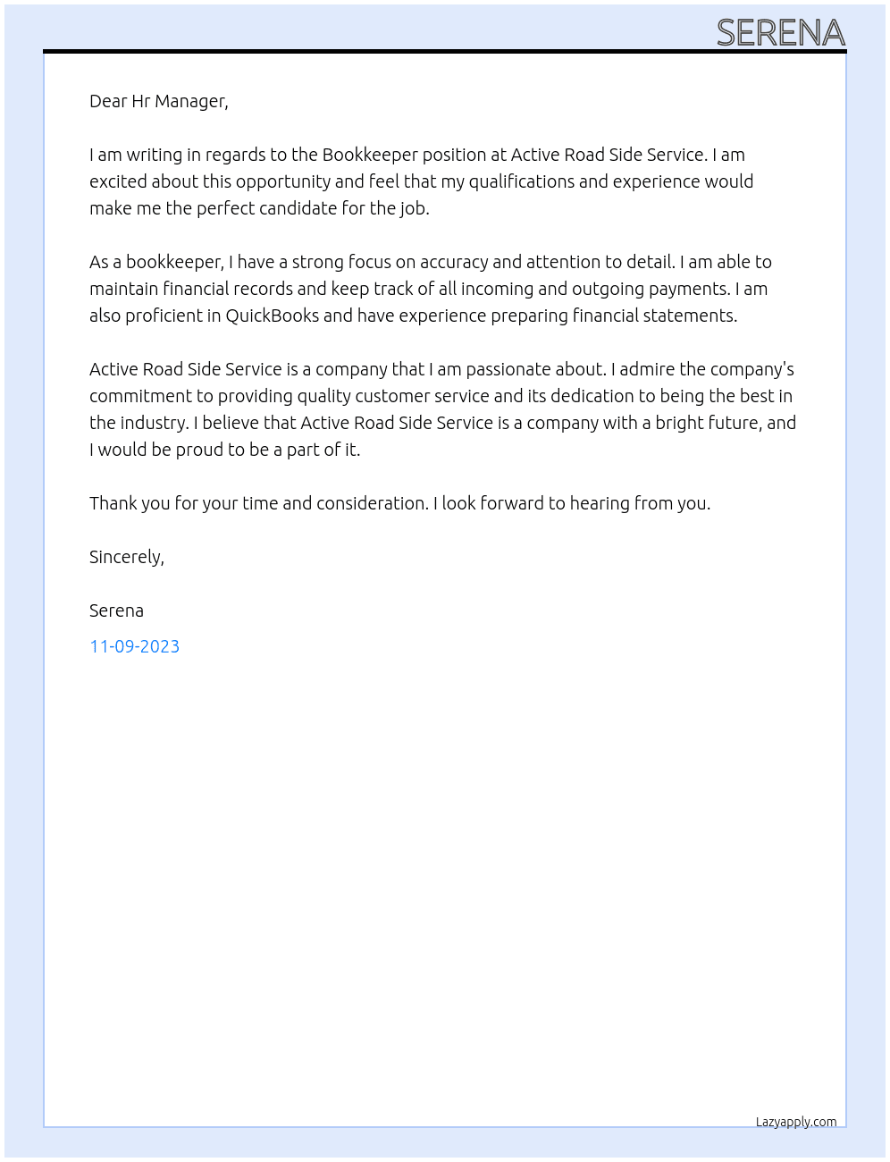 Bookkeeper At Active Road Side Service Cover Letter