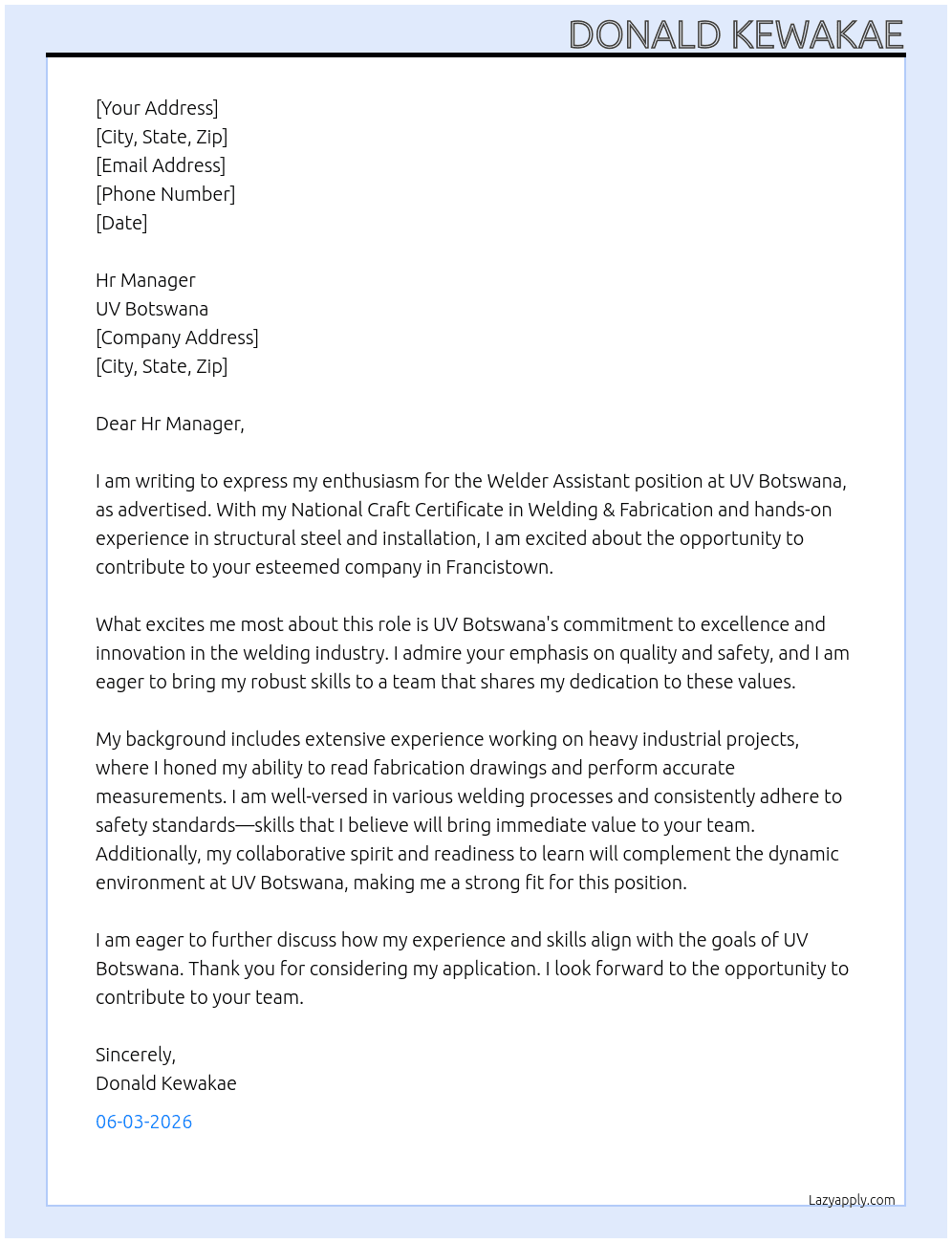 Welder Assistant At UV Botswana Cover Letter