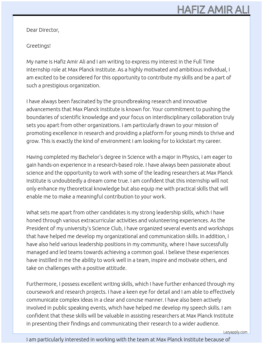 Internship  At Max planck institute  Cover Letter