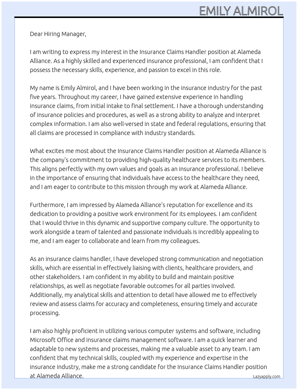 Insurance Claims handler At Alameda Alliance Cover Letter
