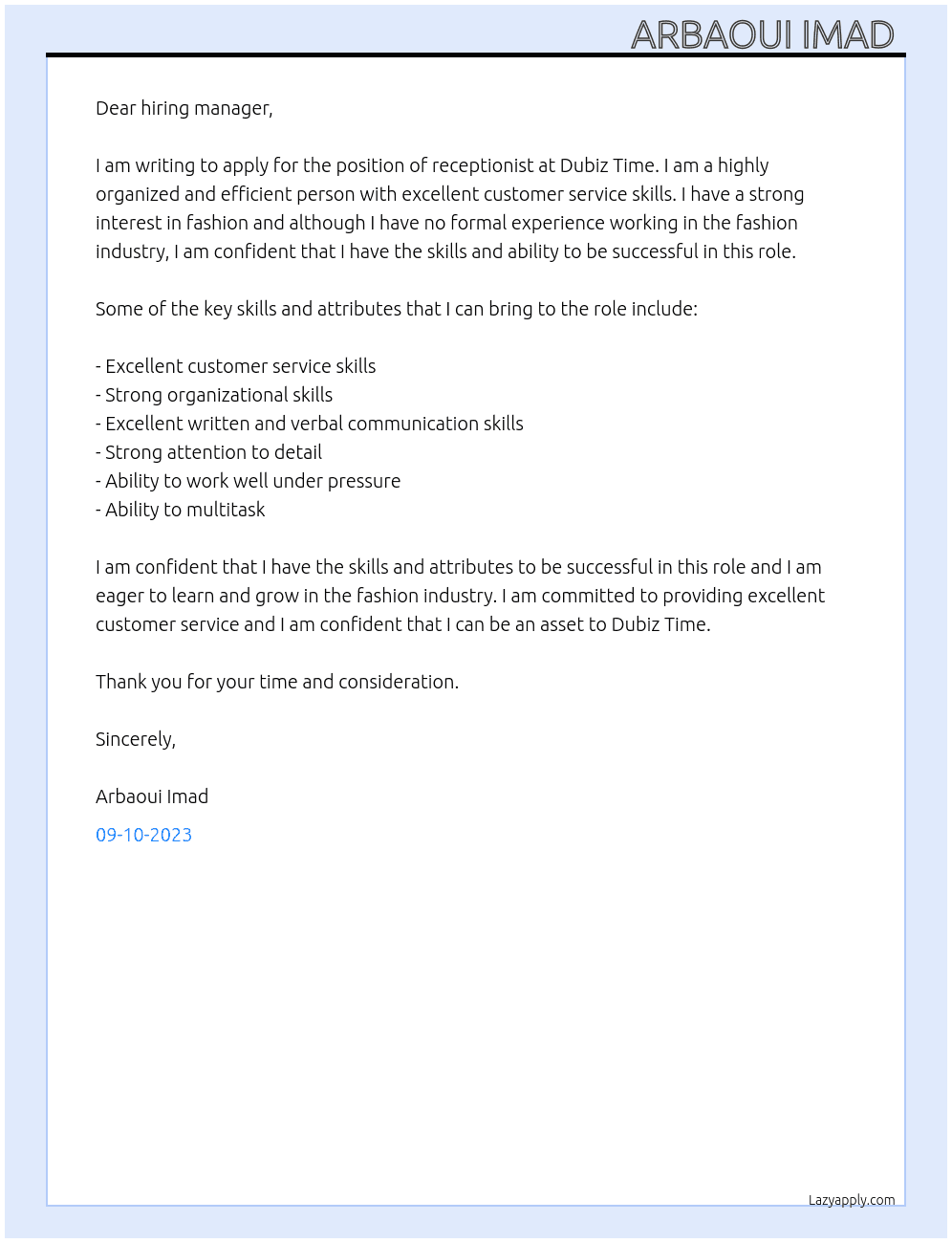 Receptionist At Dubiz Time Cover Letter