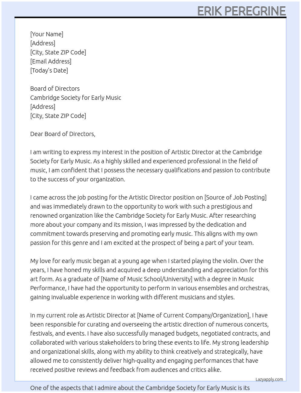 artistic director At Cambridge Society for Early Music Cover Letter