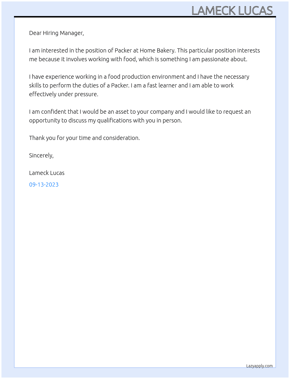 Packer At Home Bakery  Cover Letter