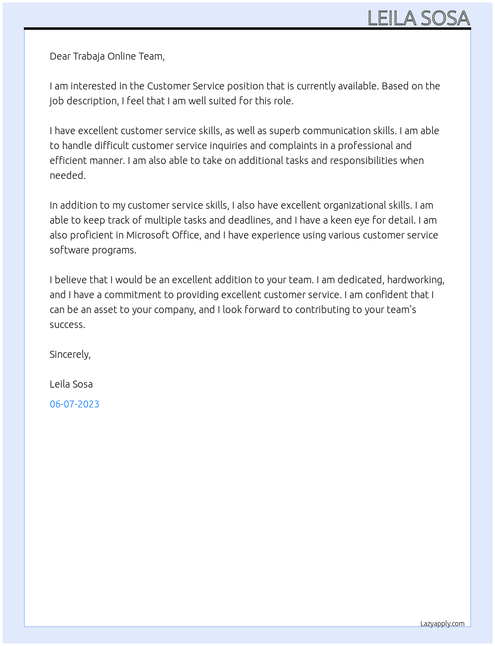 Costumer Service At Trabaja Online Cover Letter