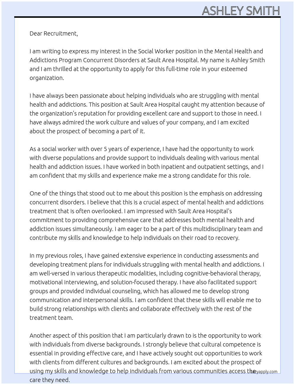 Social Worker Mental health and addictions program concurrent disorders At Sault area hospital Cover Letter