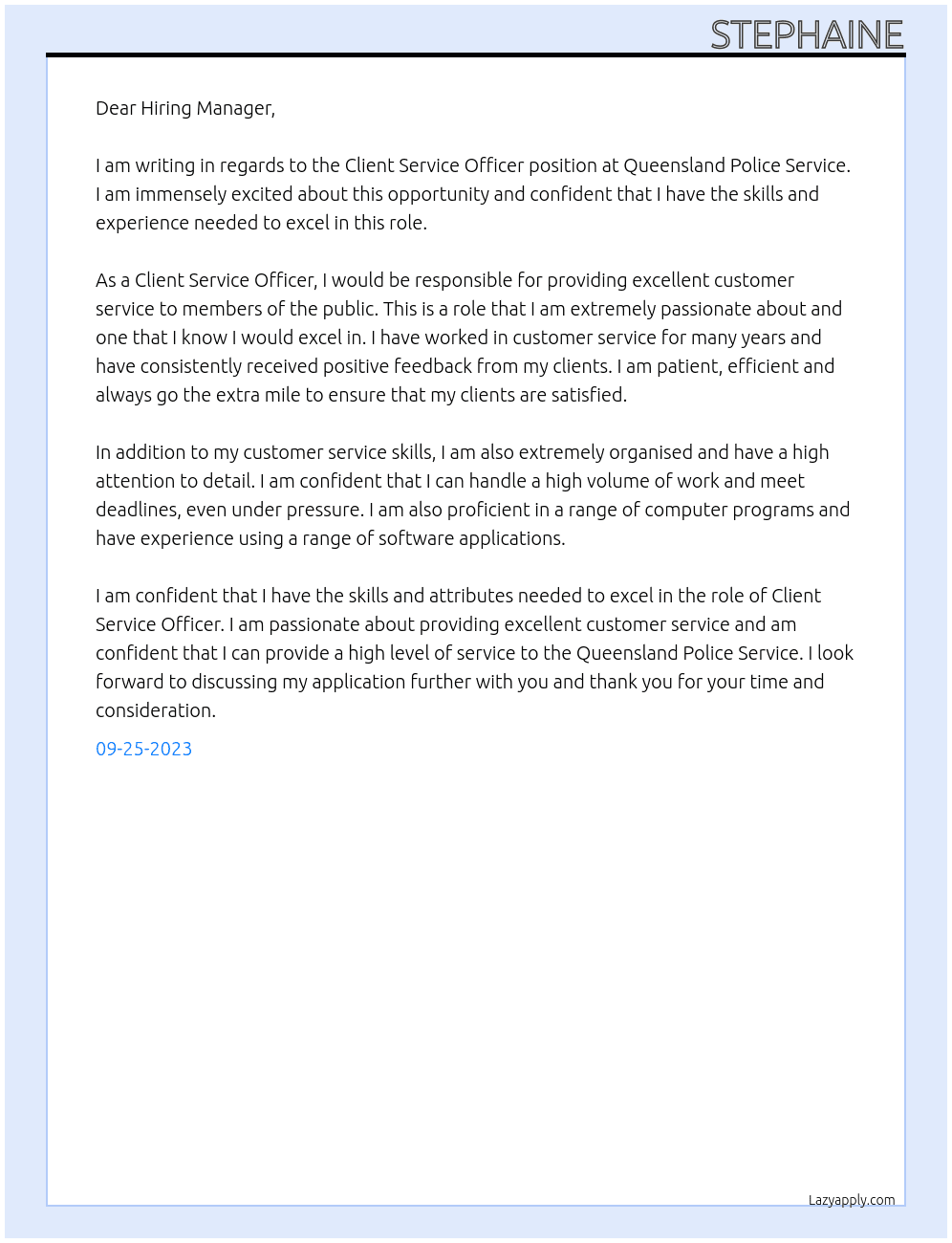 Client service officer At Queensland Police Service Cover Letter