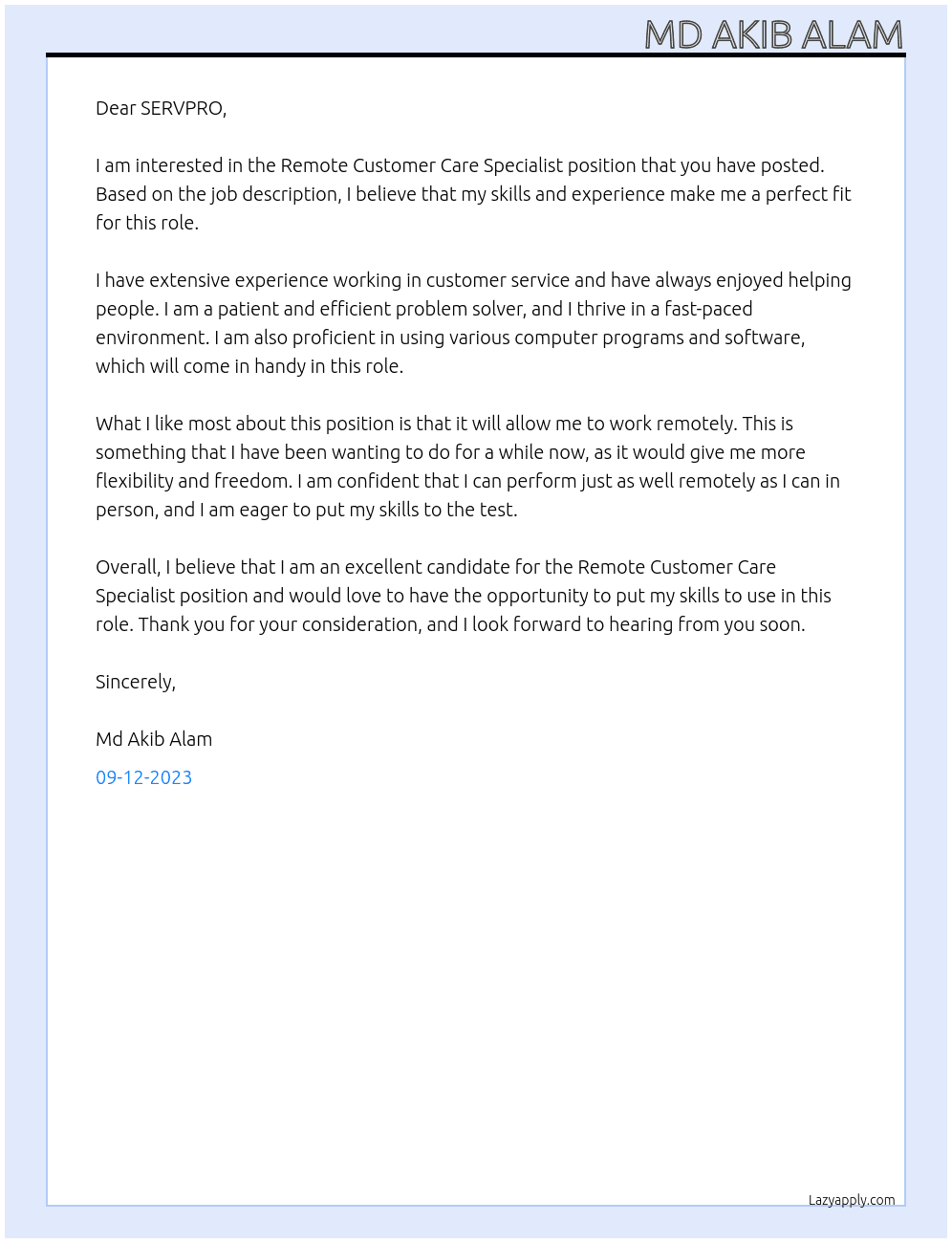 Remote Customer Care Specialist At SERVPRO Cover Letter