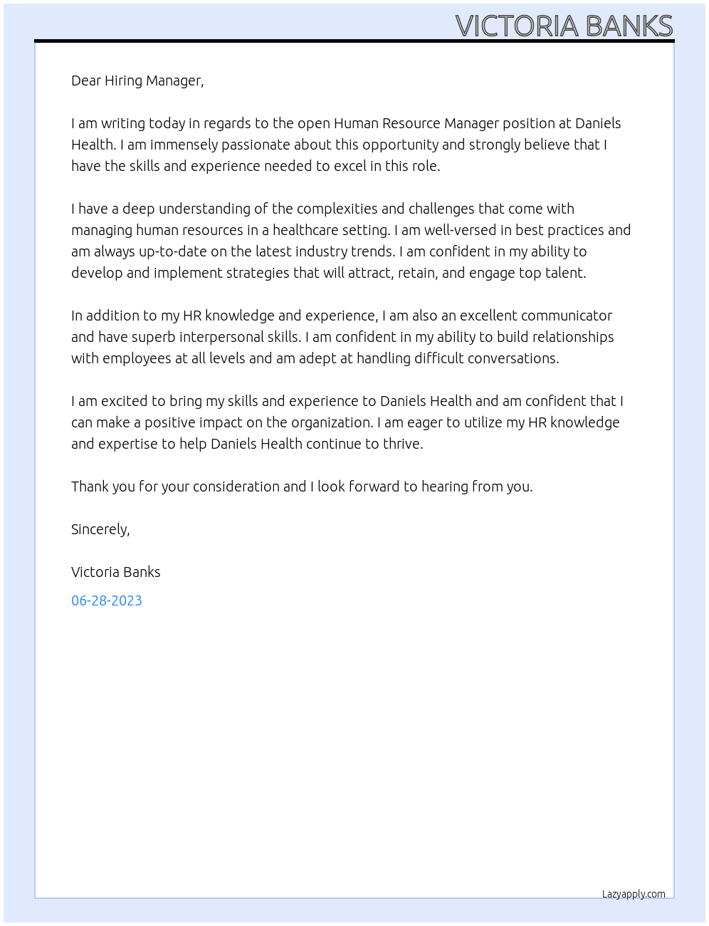 Human Resource Manager At Daniels Health Cover Letter
