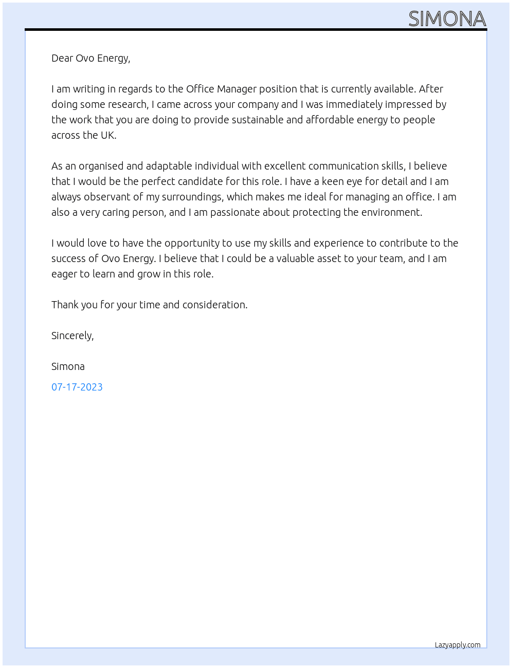 Office Manager At Ovo Energy Cover Letter