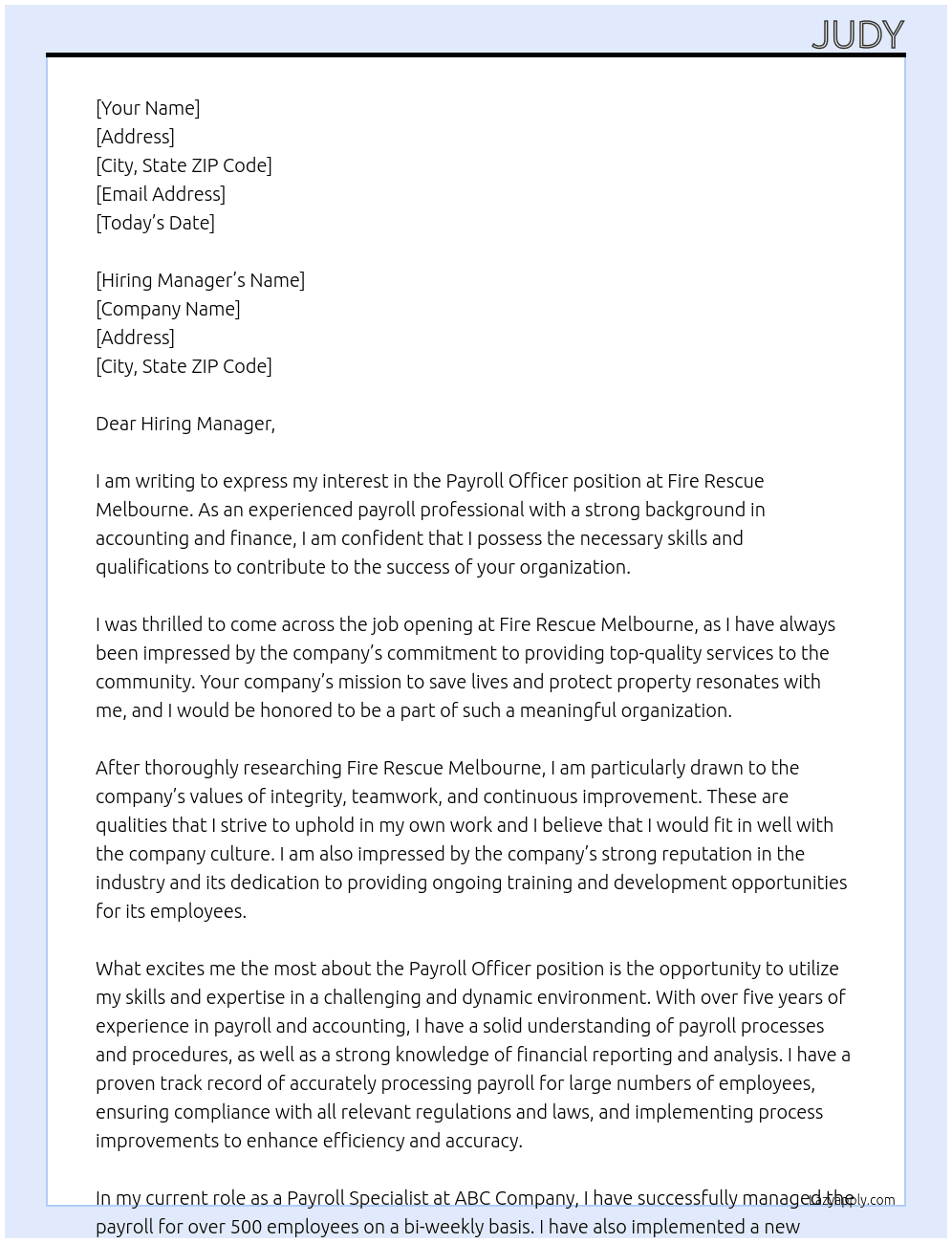 Payroll Officer At Fire rescue melbourne Cover Letter
