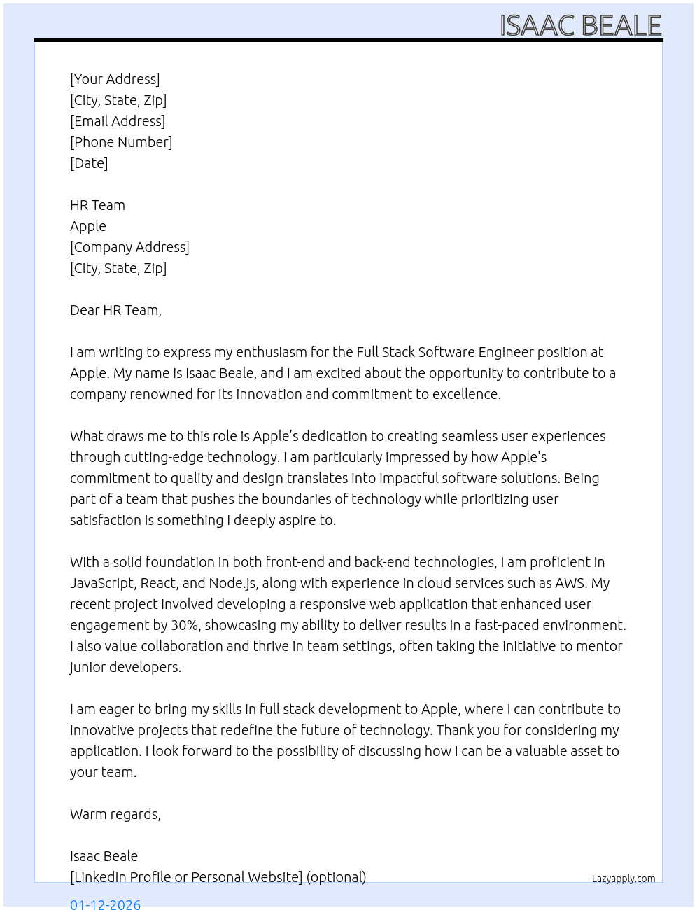 Cover letter for full stack software engineer - LazyApply