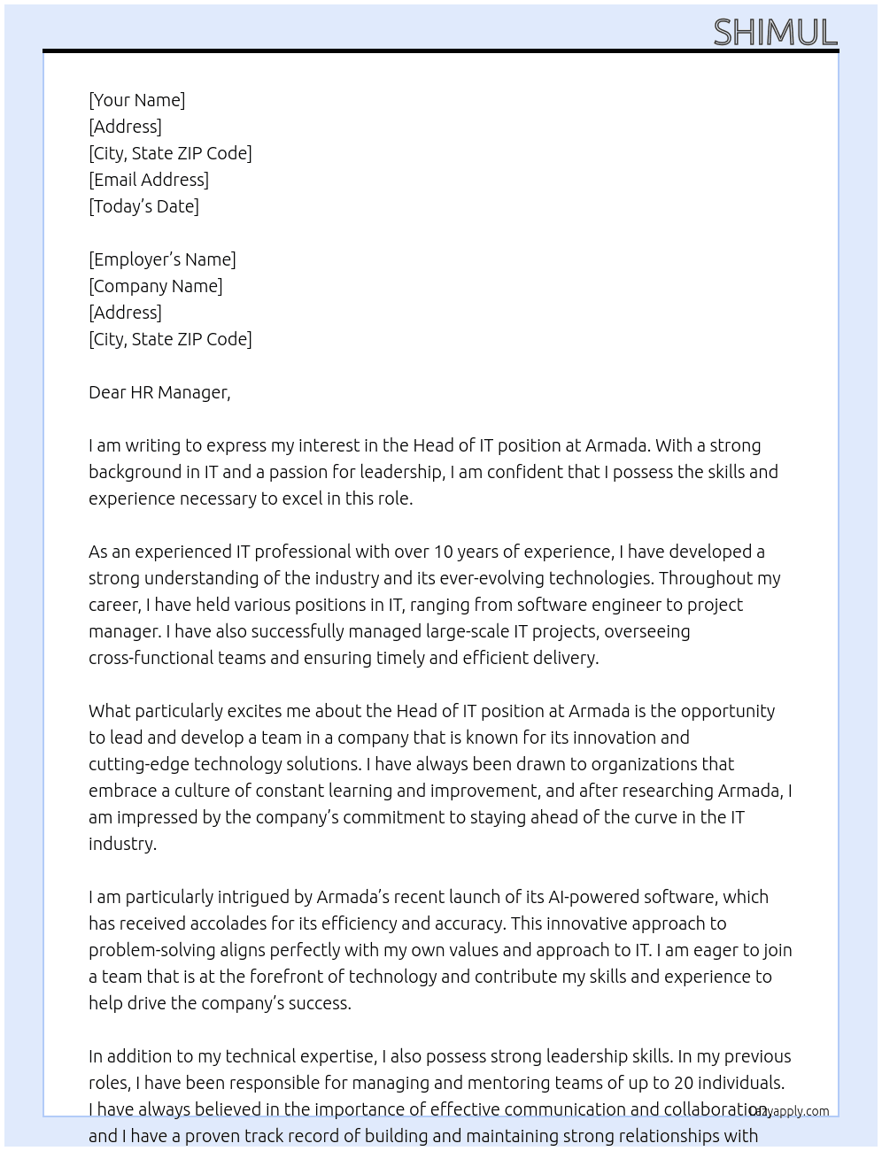 Head of IT At Armada Cover Letter