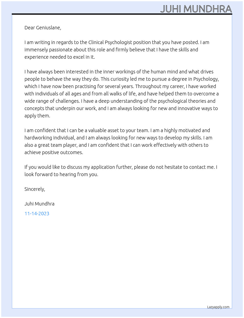 Clinical Psychologist At Geniuslane  Cover Letter