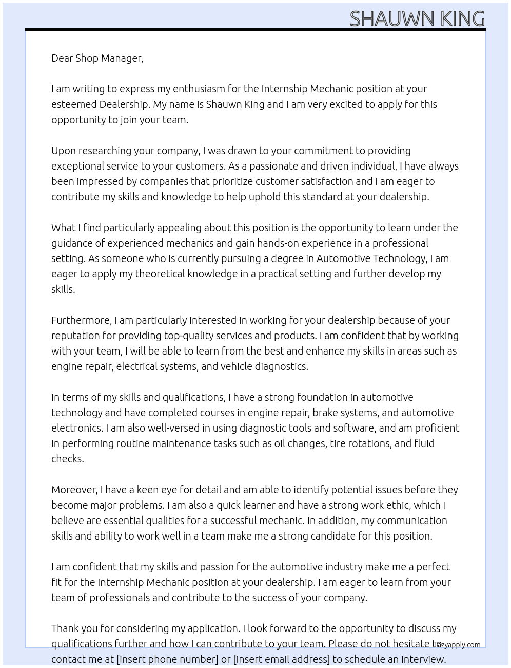 Internship Mechanic At Dealership Cover Letter