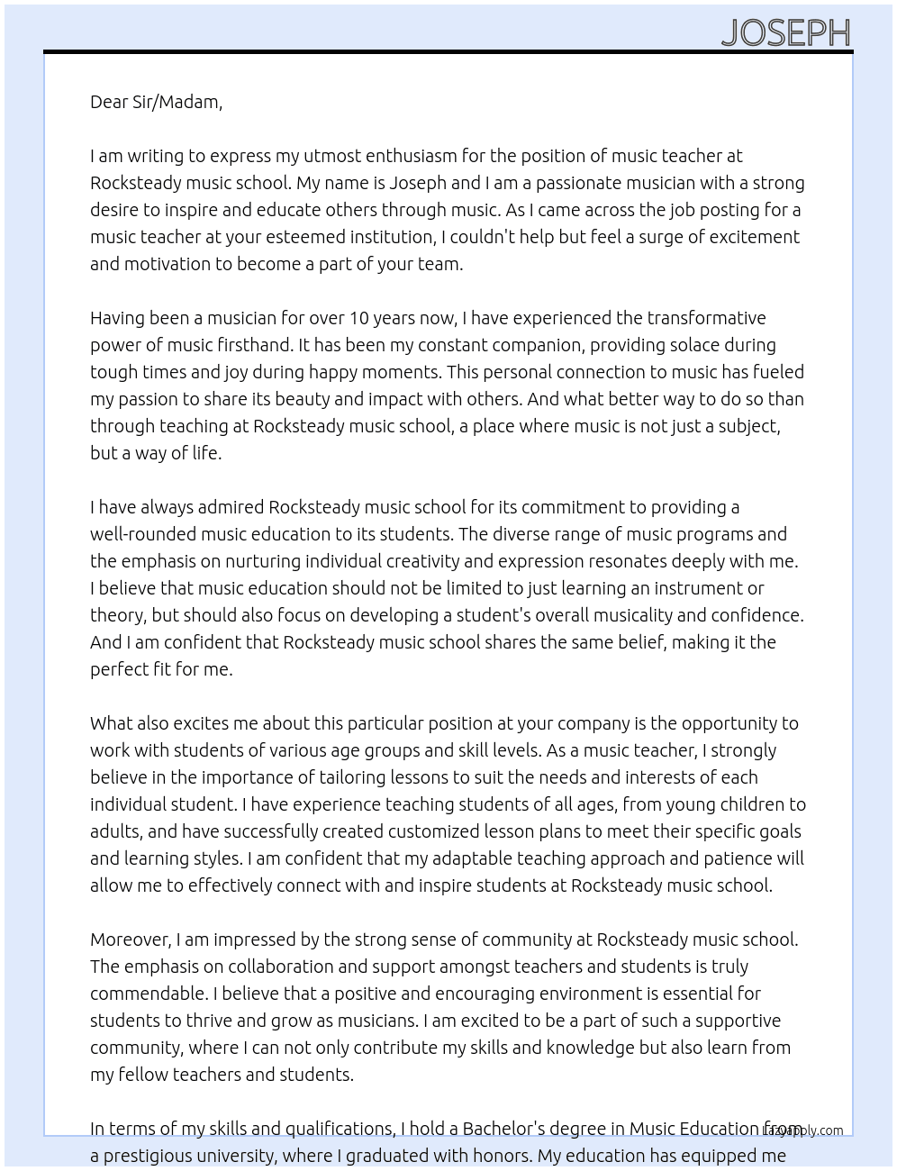 music teacher At Rocksteady music school Cover Letter