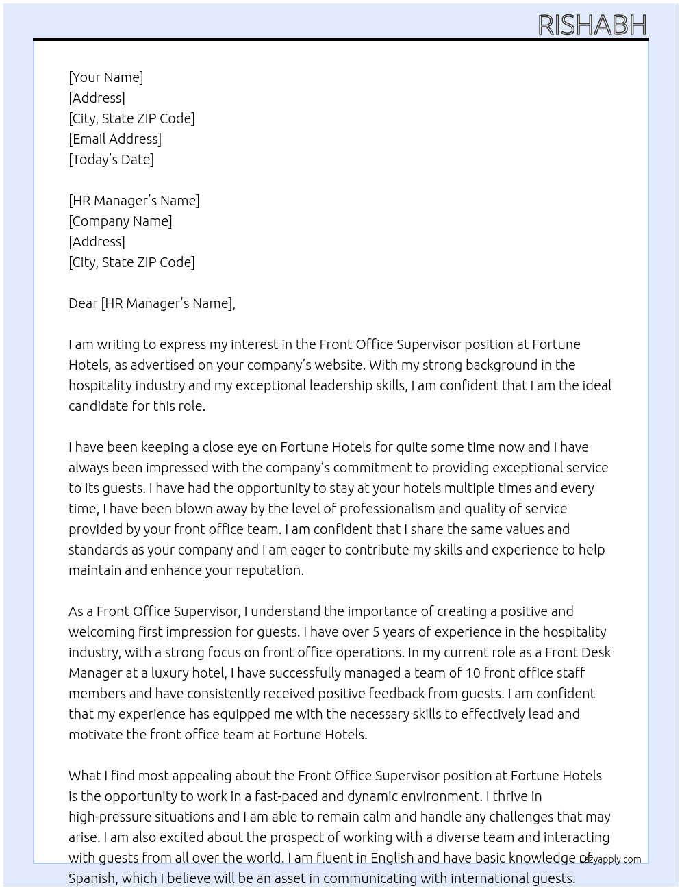 FRONT OFFICE SUPERVISIOR  At fortune hotels Cover Letter