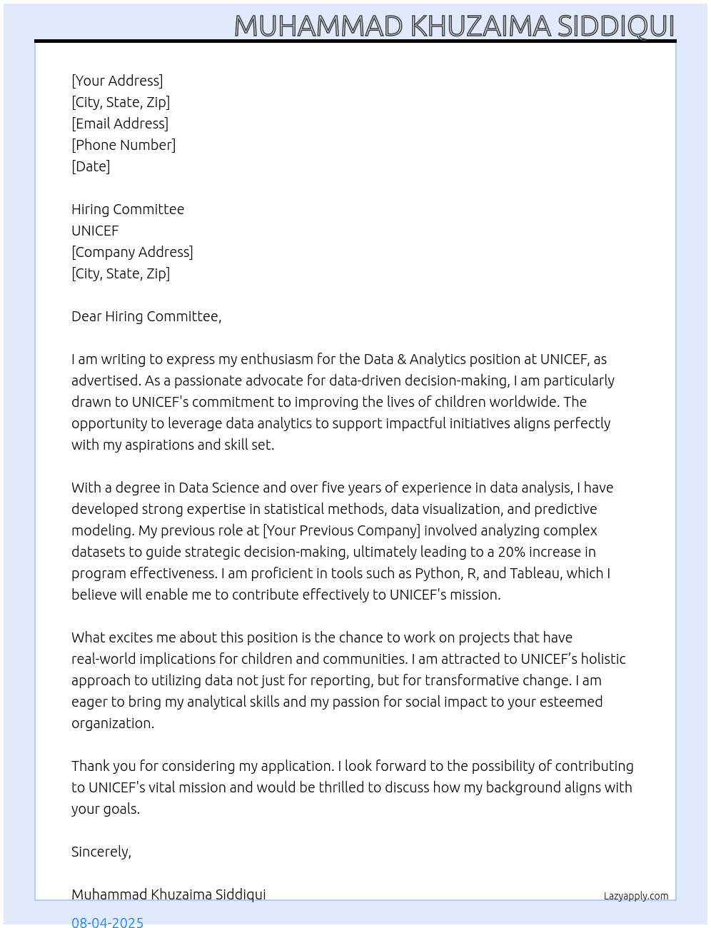 Data & Analytics At UNICEF Cover Letter