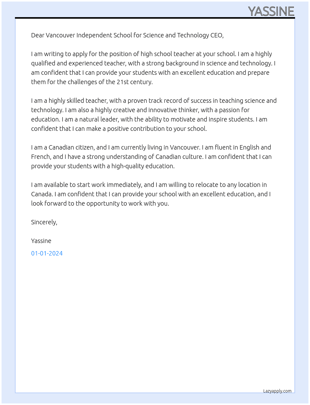 High School Teacher At Vancouver Independent School for Science and Technology Cover Letter