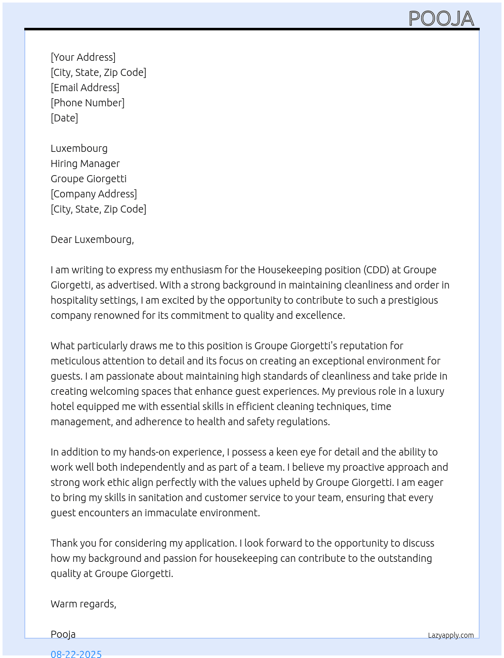 Housekeeping  At Agent de controle qualite housekeeping (CDD)-Groupe Giorgetti  Cover Letter
