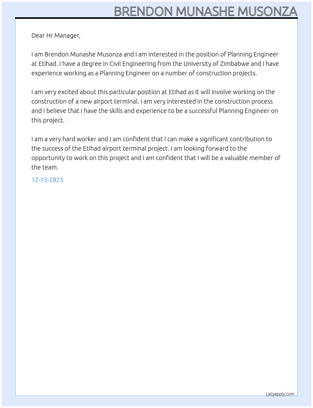 Planning Engineer  At Etihad  Cover Letter