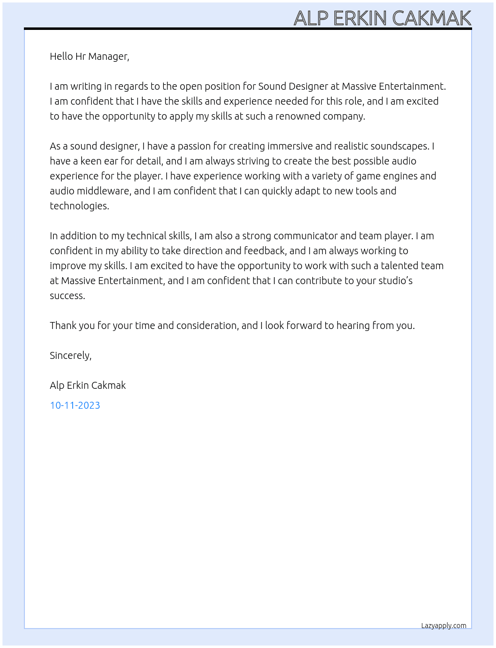 Sound Designer At Massive Entertaintment Cover Letter