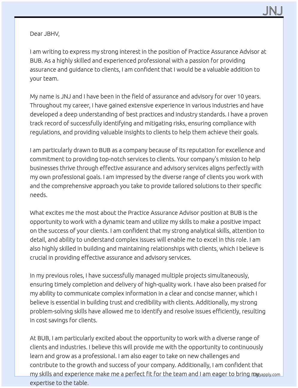 practice assurance advisor  At bub Cover Letter