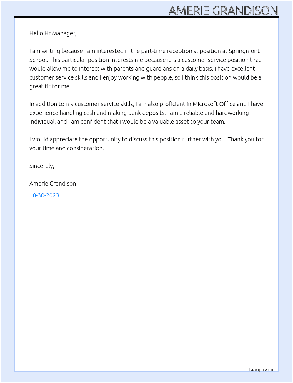 Part-Time Receptionist At Springmont School Cover Letter