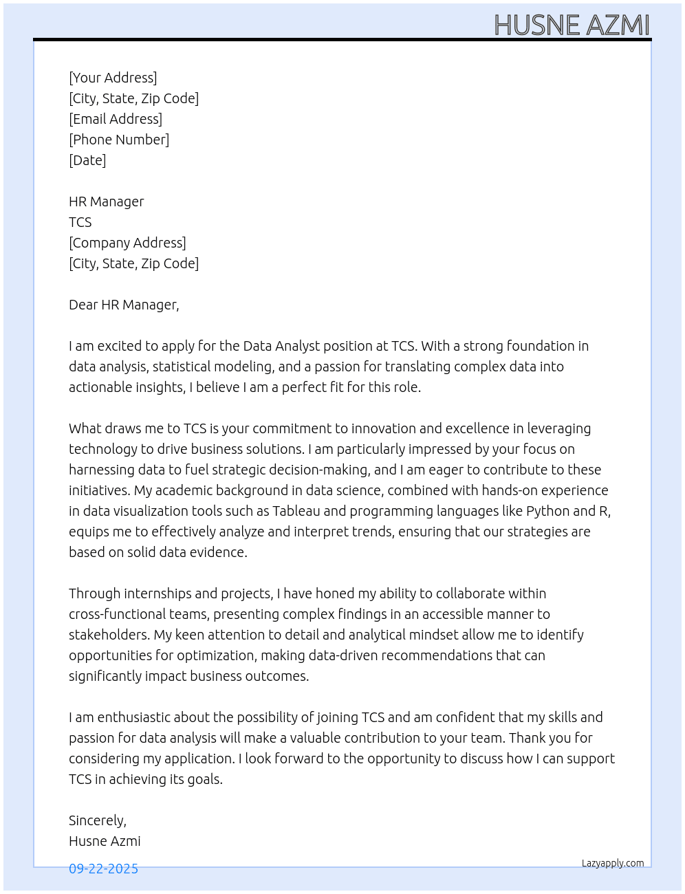 Data analyst At TCS Cover Letter