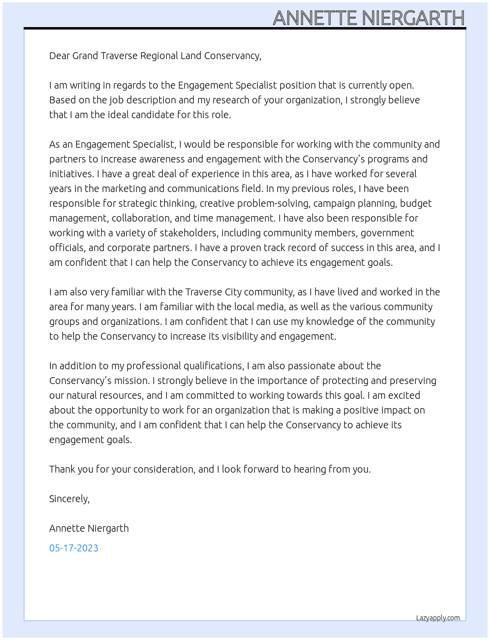 Engagement Specialist At Grand Traverse Regional Land Conservancy Cover Letter