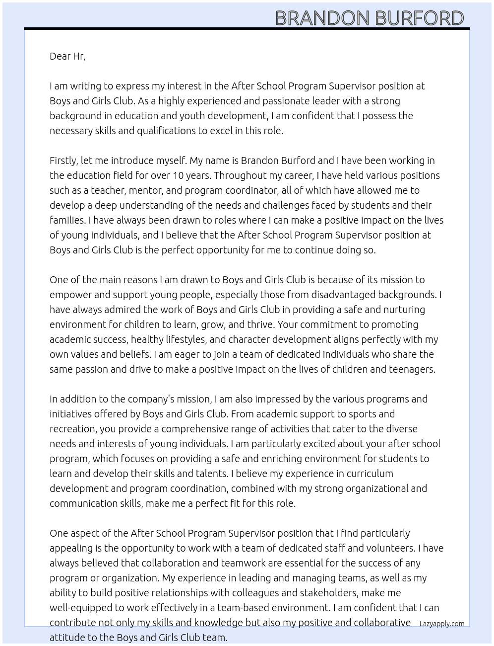 After School Program Supervisor  At Boys and Girls Club Cover Letter