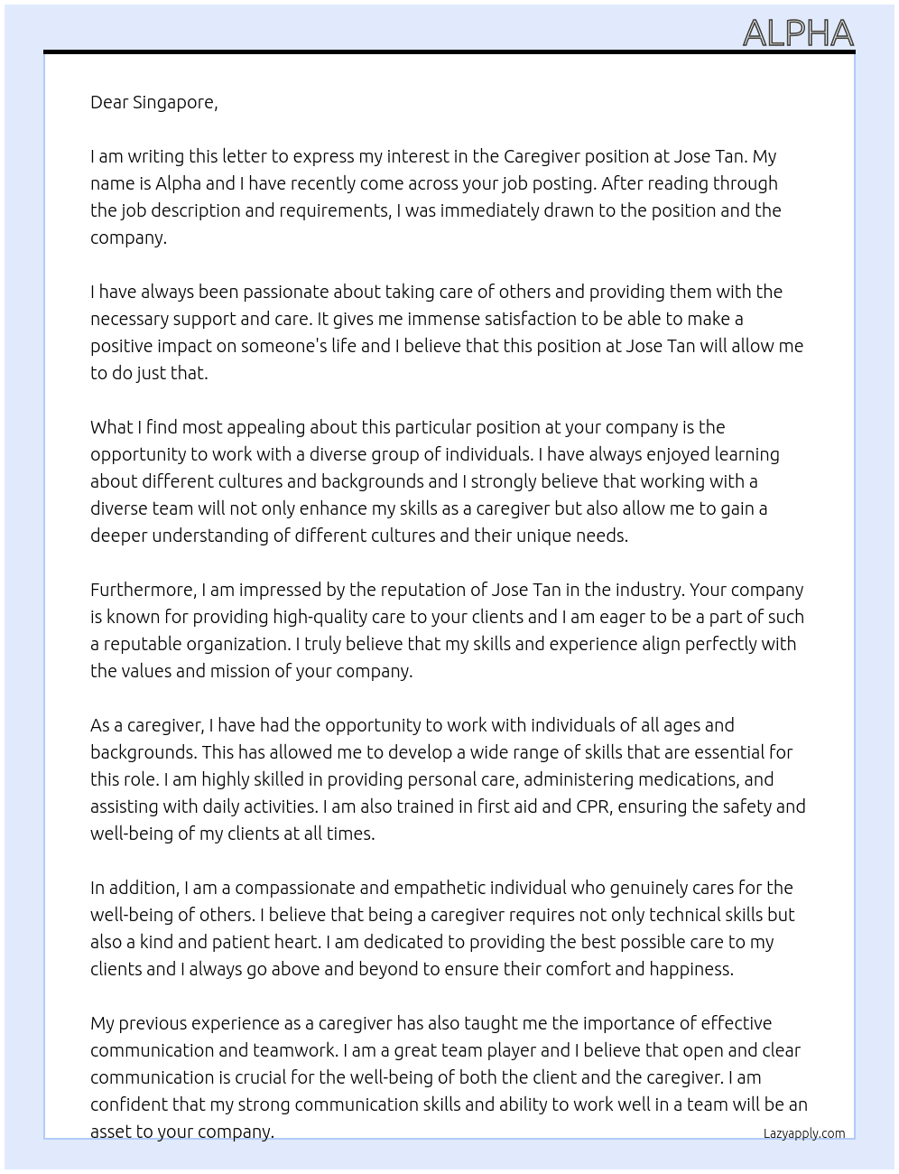Caregiver At Jose tan Cover Letter
