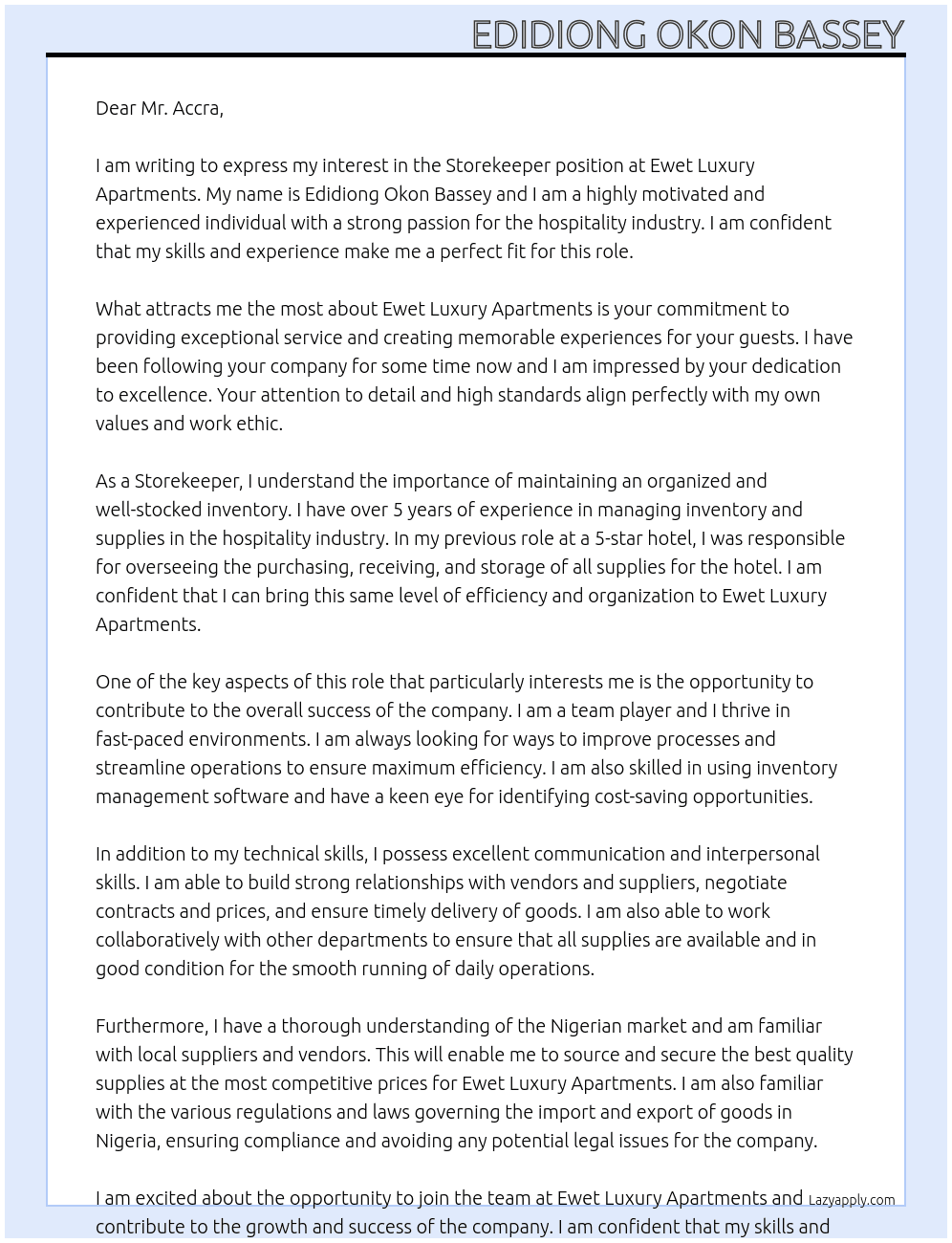 STOREKEEPER At EWET LUAXRY APARTMENTS Cover Letter