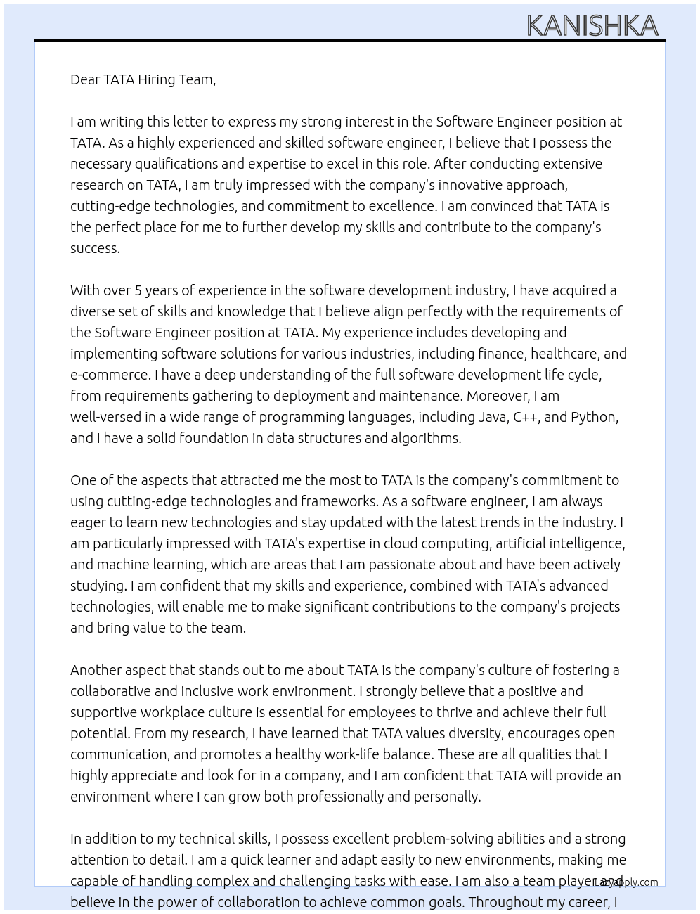 software enginner At TATA Cover Letter