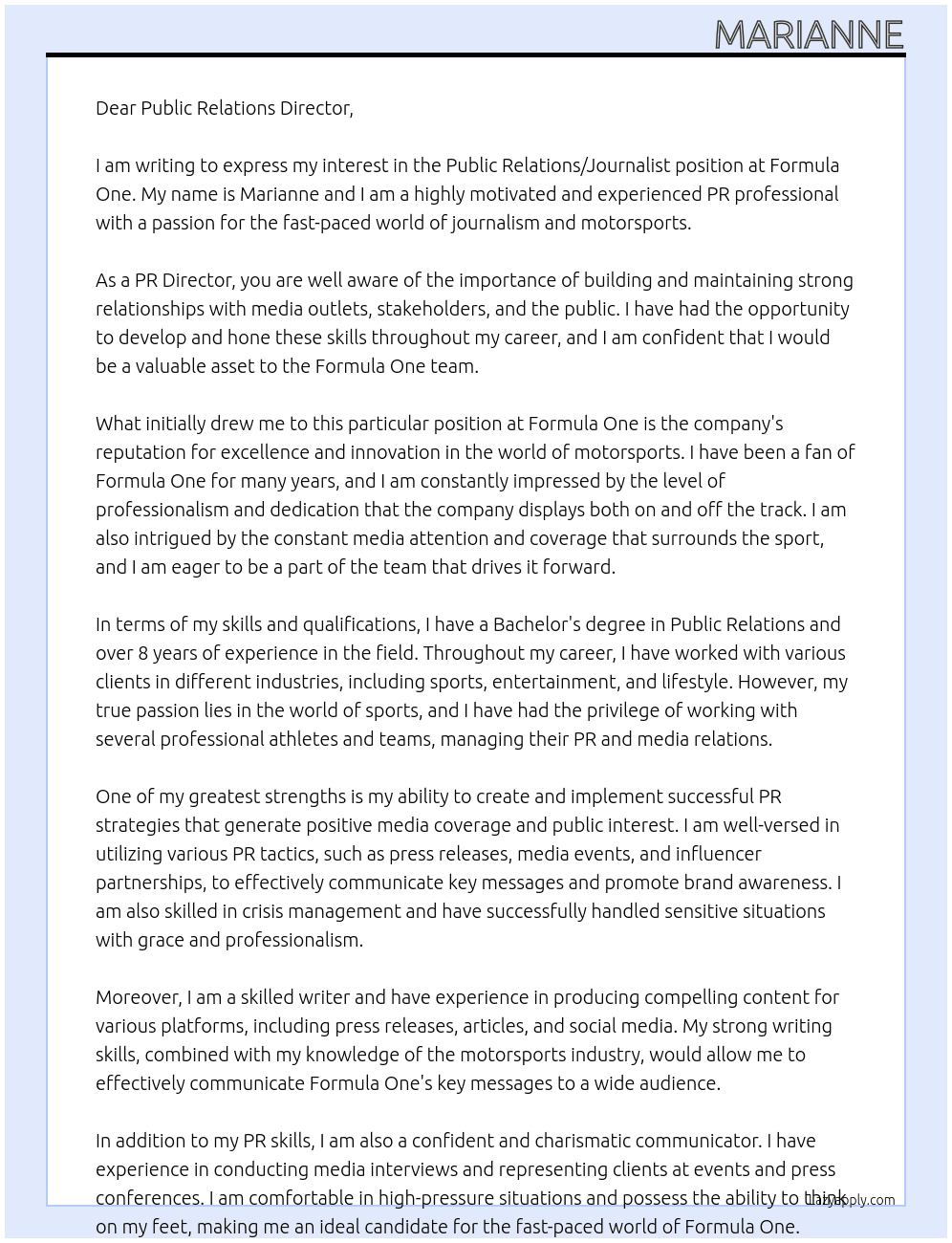 Public Rleations/Journalist  At Formula One Cover Letter