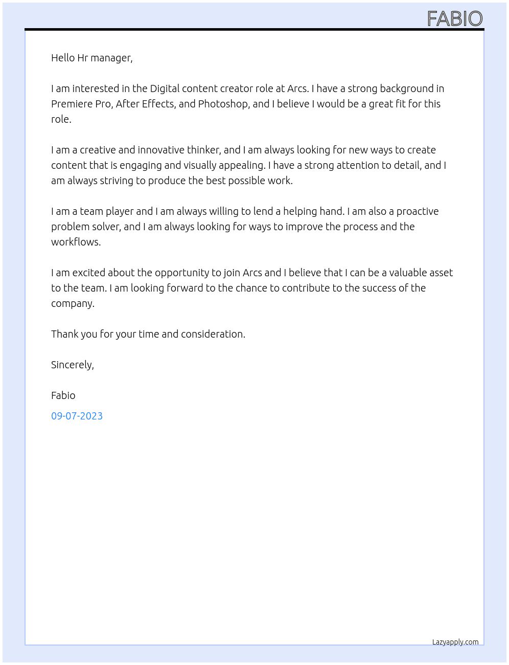 Digital content creator At Arcs Cover Letter