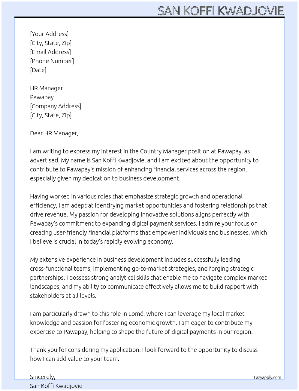 Country Manager At PAWAPAY Cover Letter