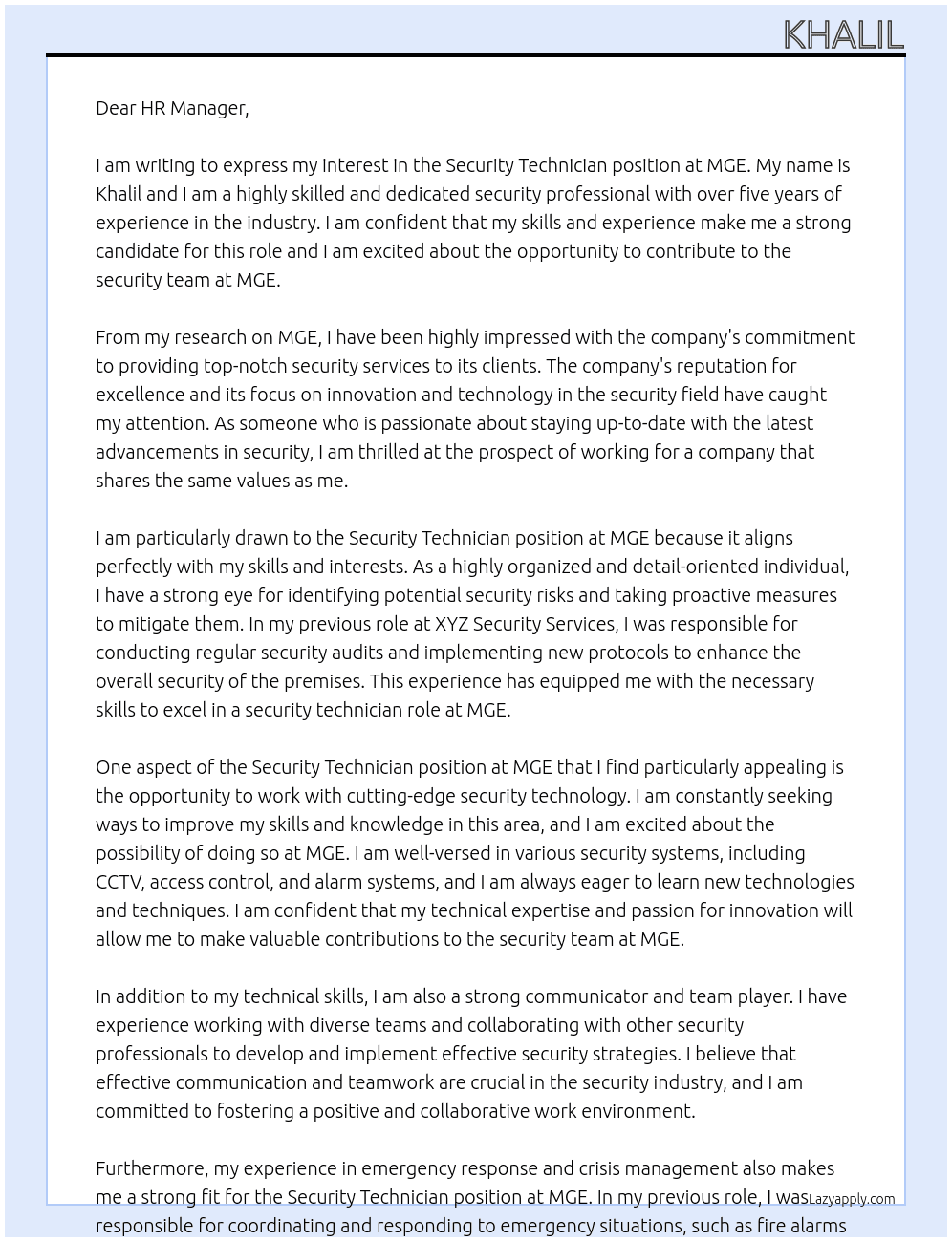 Security technician  At MGE Cover Letter