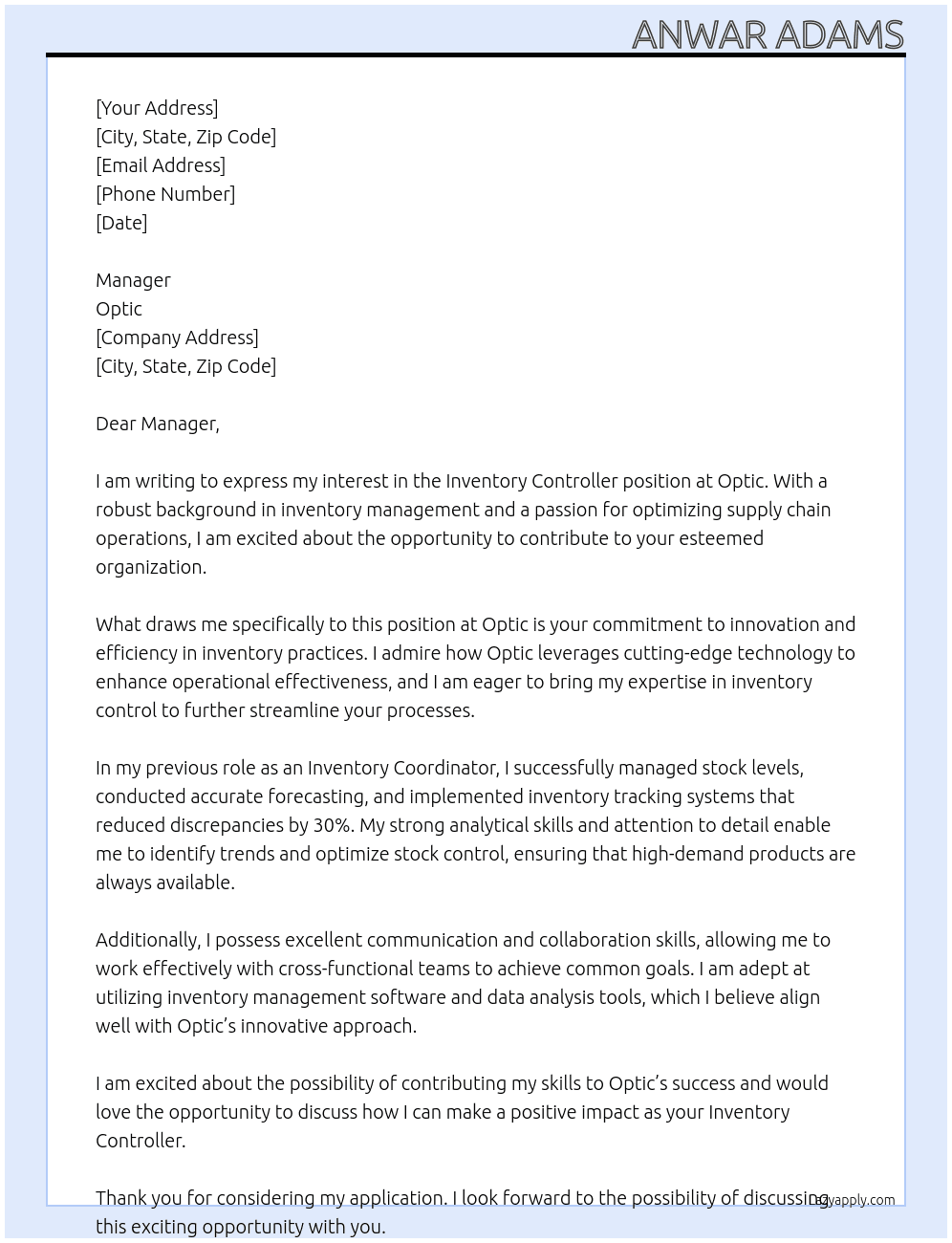 Inventory Controller At Optic Cover Letter