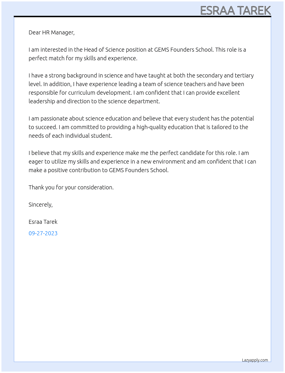 Head of Science At GEMS Founders School Cover Letter