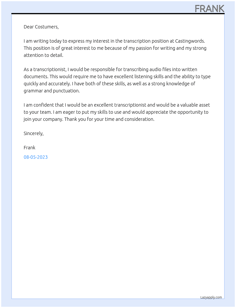 Transcription  At Castingwords Cover Letter