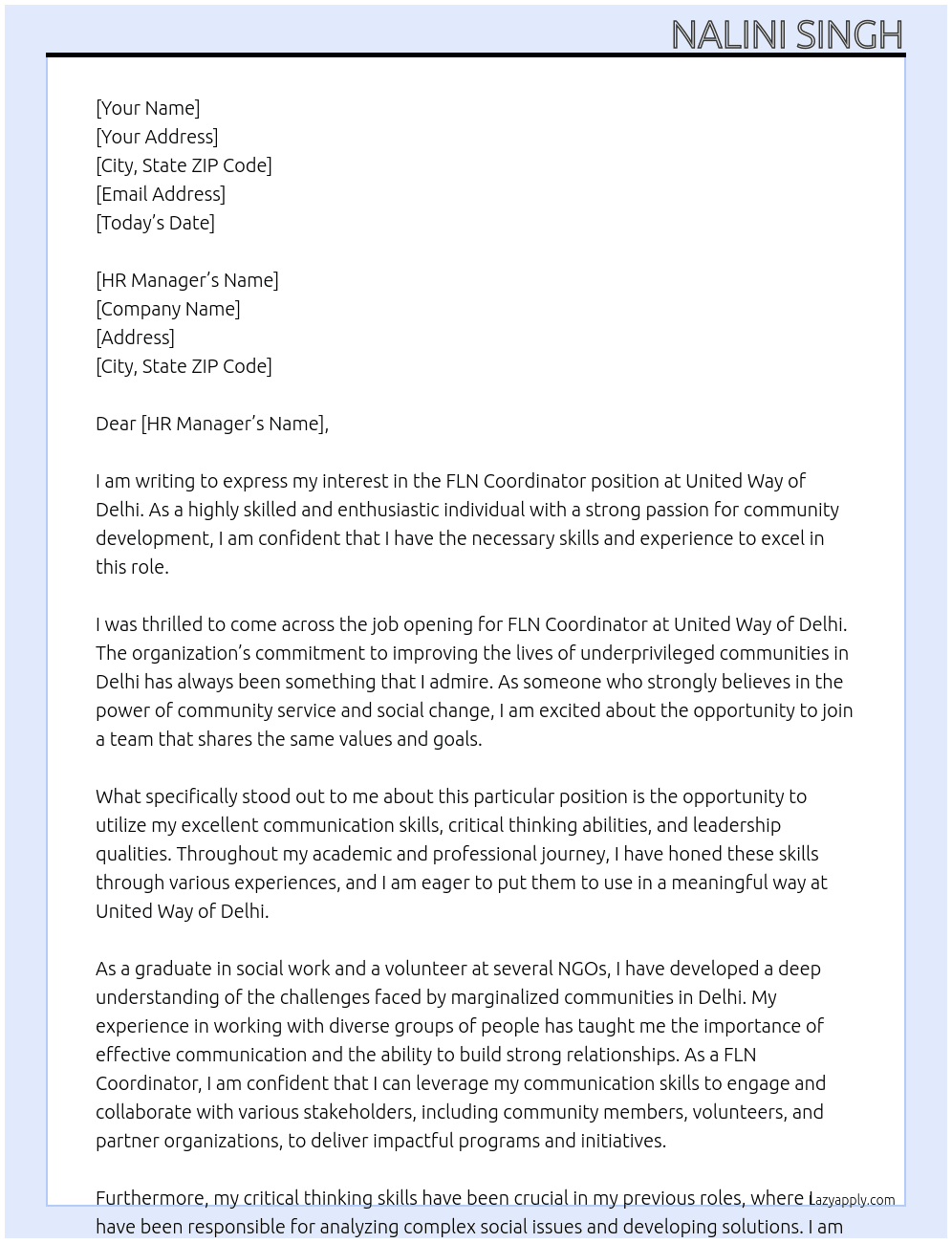  FLN Coordinator At United Way of Delhi Cover Letter