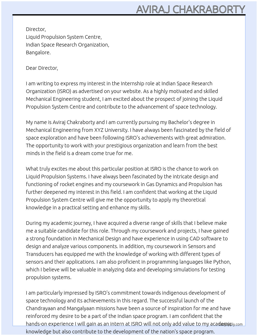 Intern At Indian Space Research Organization Cover Letter
