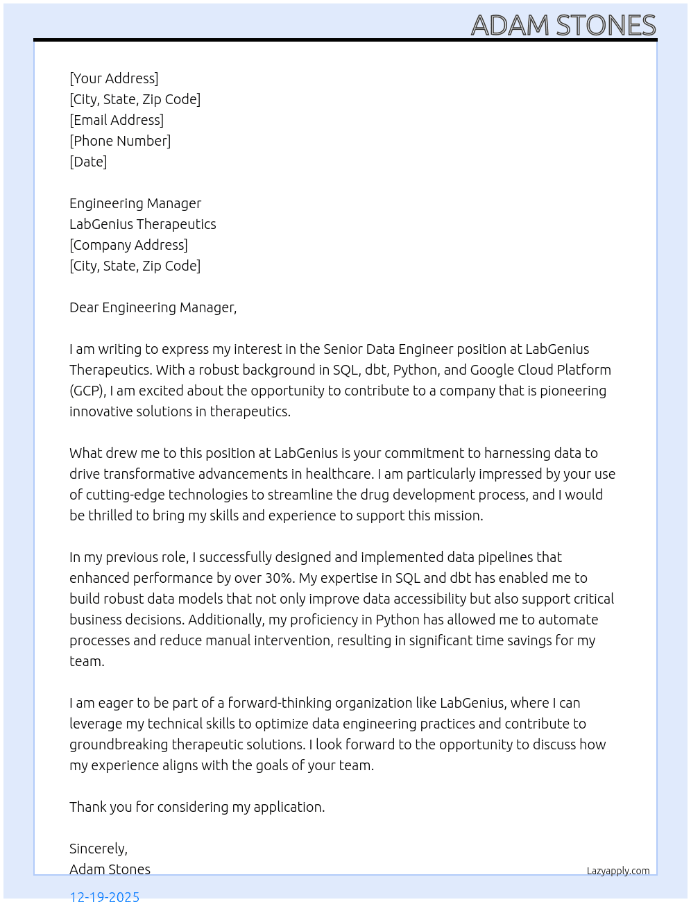 Senior Data Engineer At LabGenius Therapeutics Cover Letter