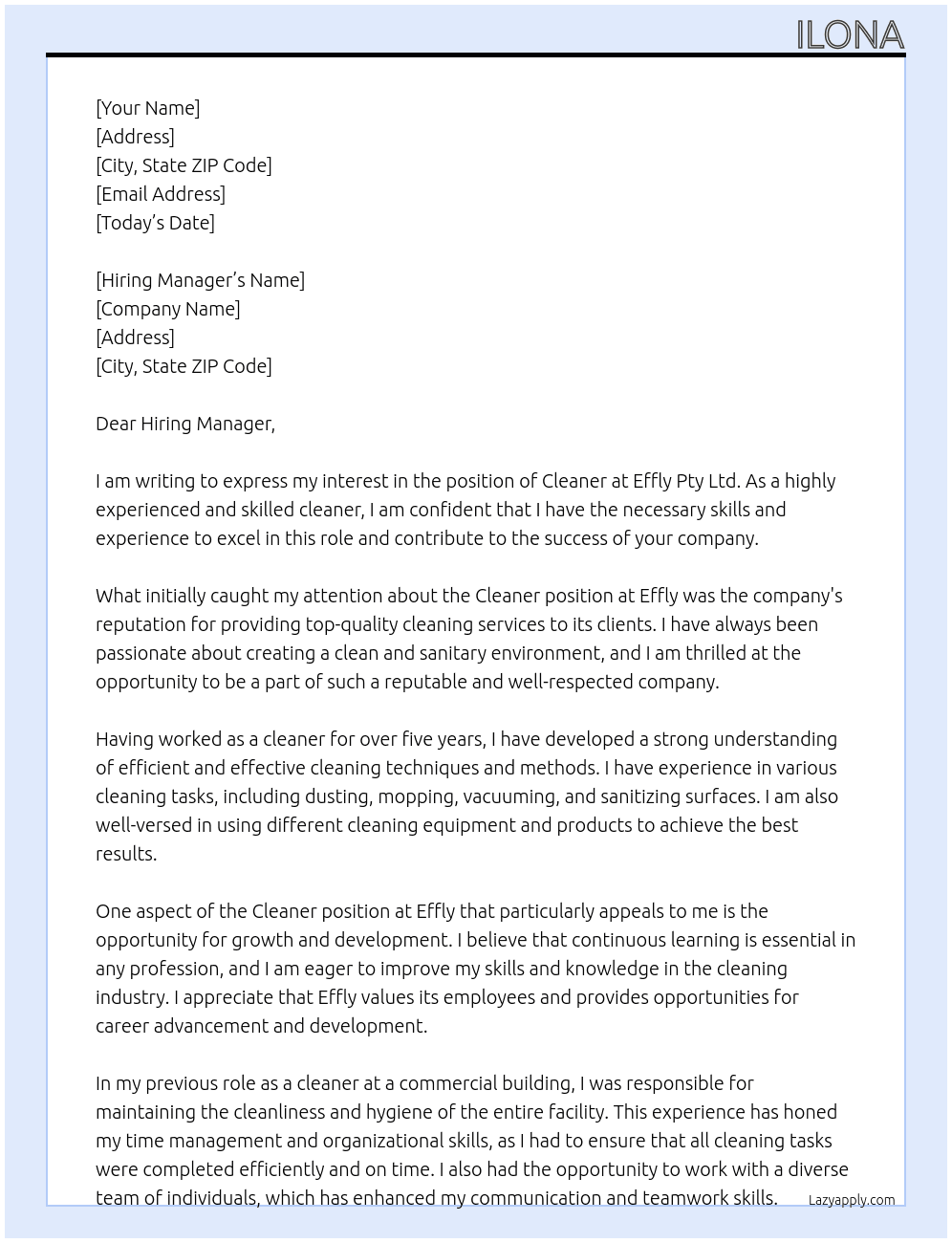 cleaner At Effly Pty Ltd  Cover Letter