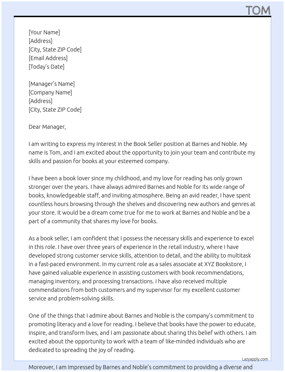 Book seller At Barnes and nobel Cover Letter