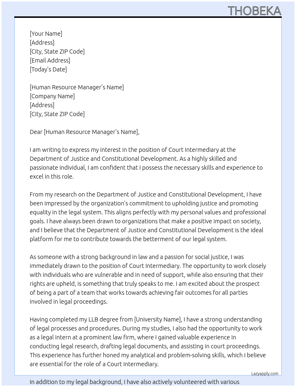COURT INTERMEDIARY  At Department of Justice and Constititutional Development Cover Letter