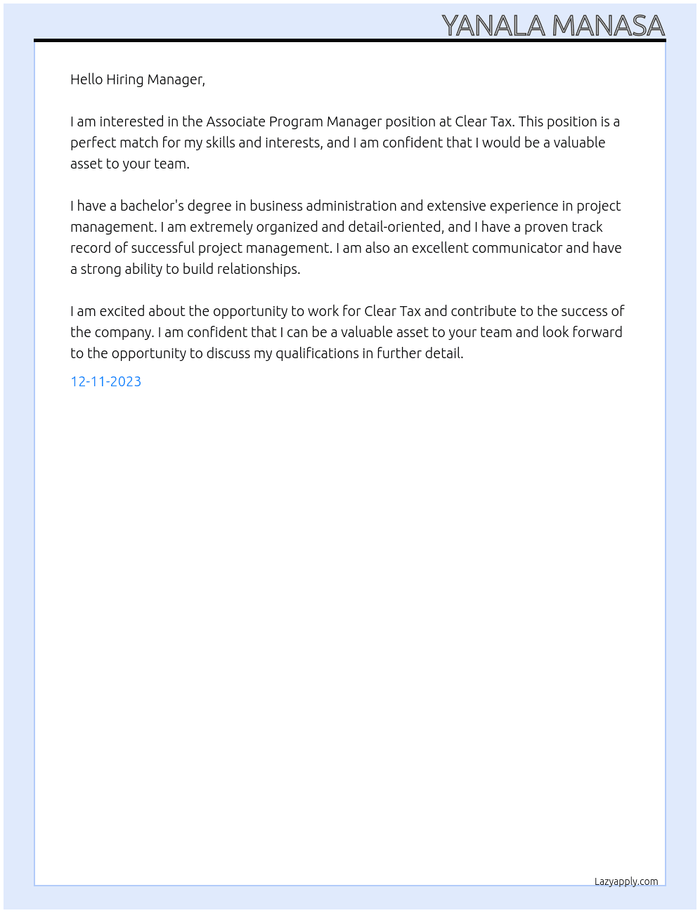 Associate program manager At Clear Tax Cover Letter