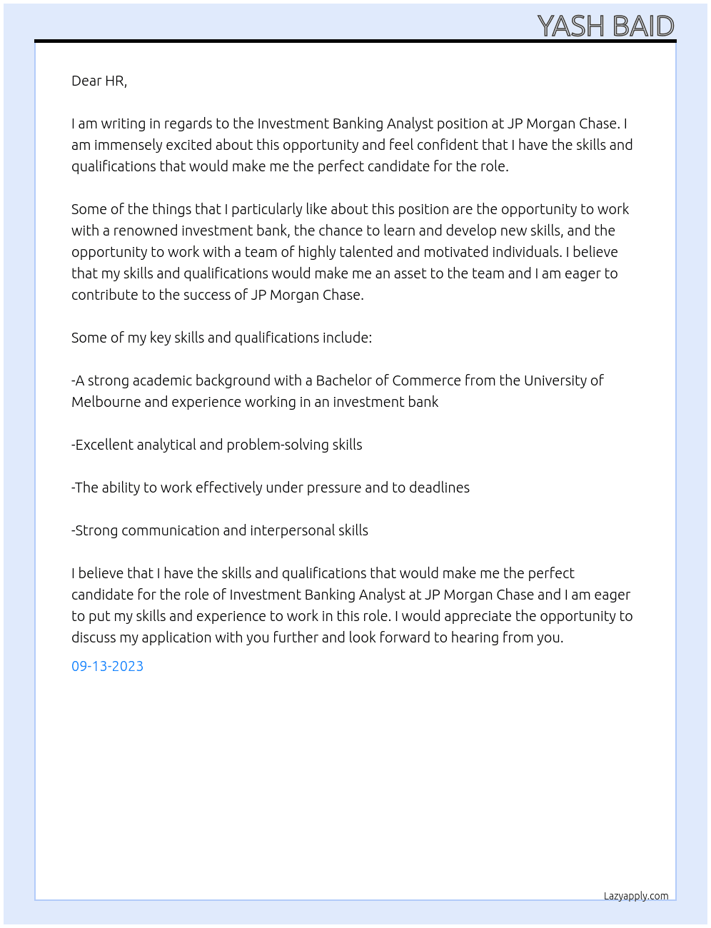 Investment Banking Analyst At JP Morgan Chase Cover Letter