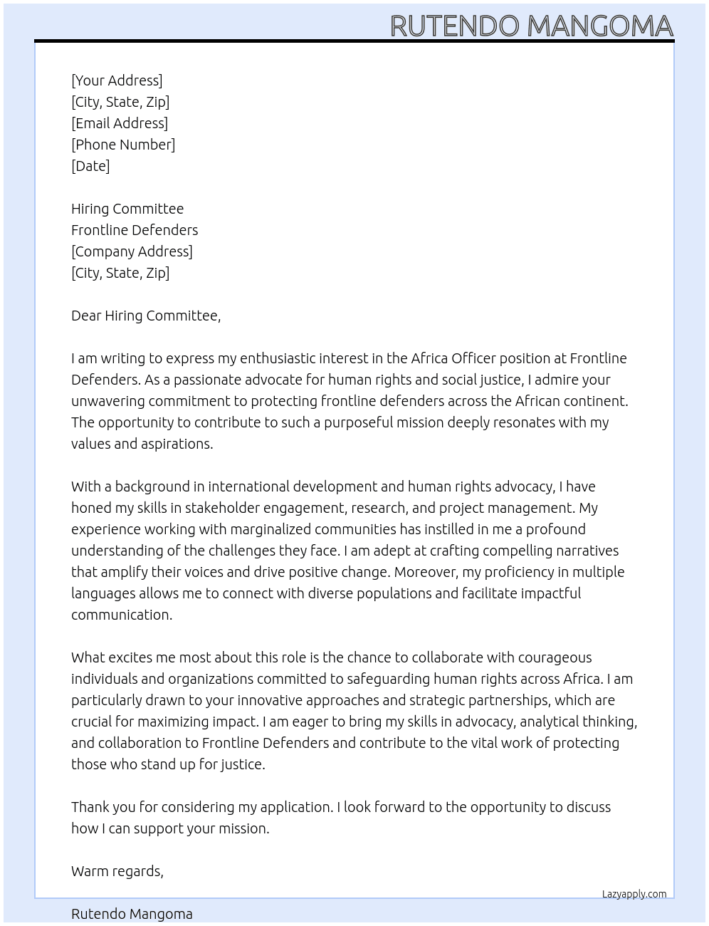 africa officer At Frontline defenders Cover Letter