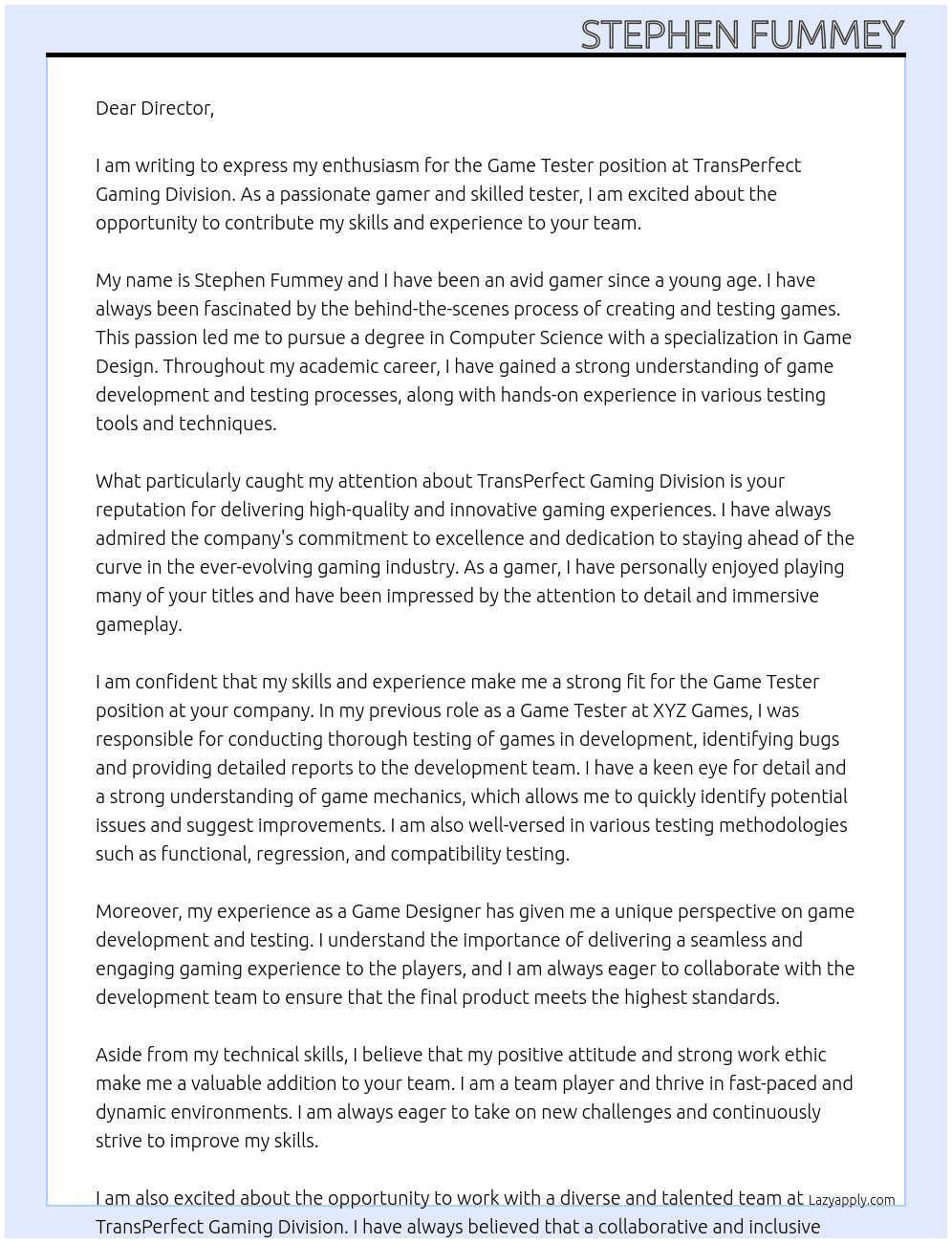 Game Tester At TransPerfect Gaming Division Cover Letter